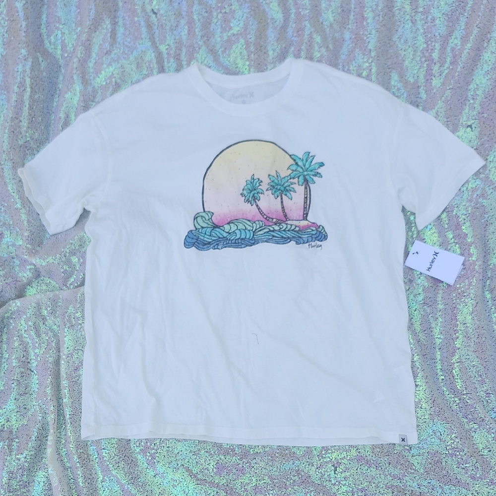 Hurley White T-Shirt with Tropical Print SMALL NWT CUTE!